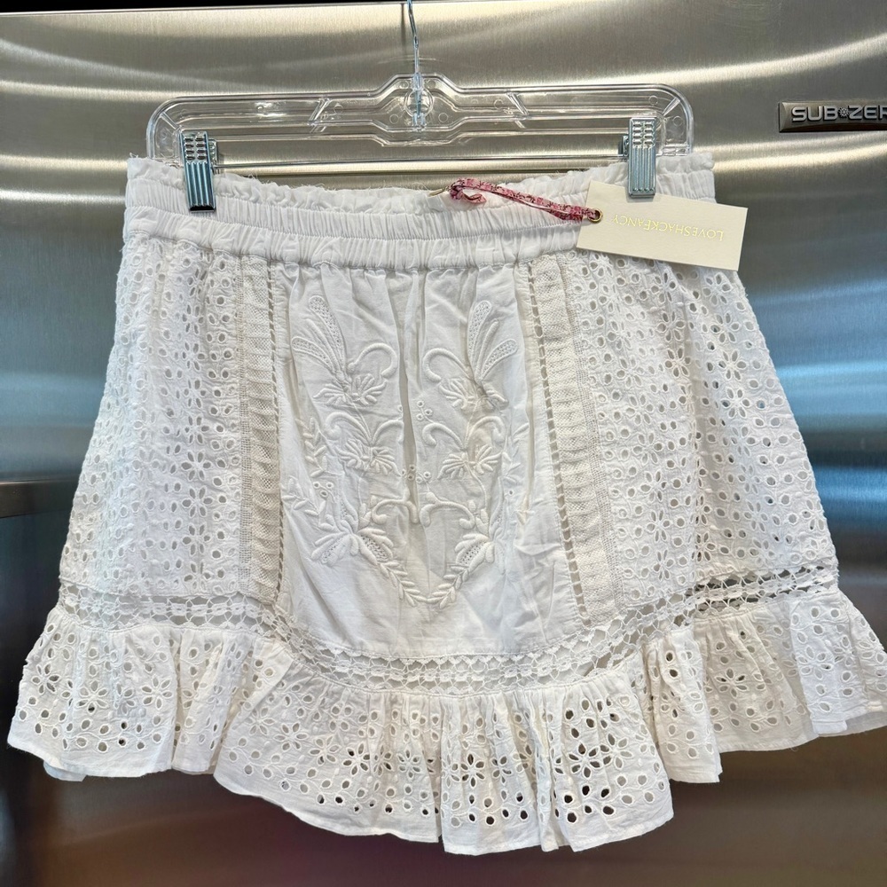 NWT LoveShackFancy Baydar antique White lace eyelet mini skirt brand new​